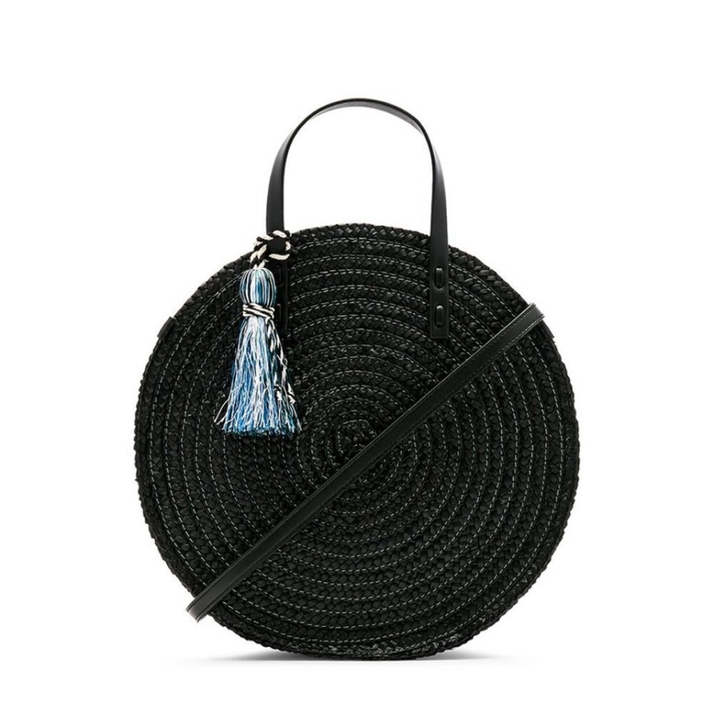 Rebecca Minkoff Black Round Straw Crossbody with Blue Tassel Accent